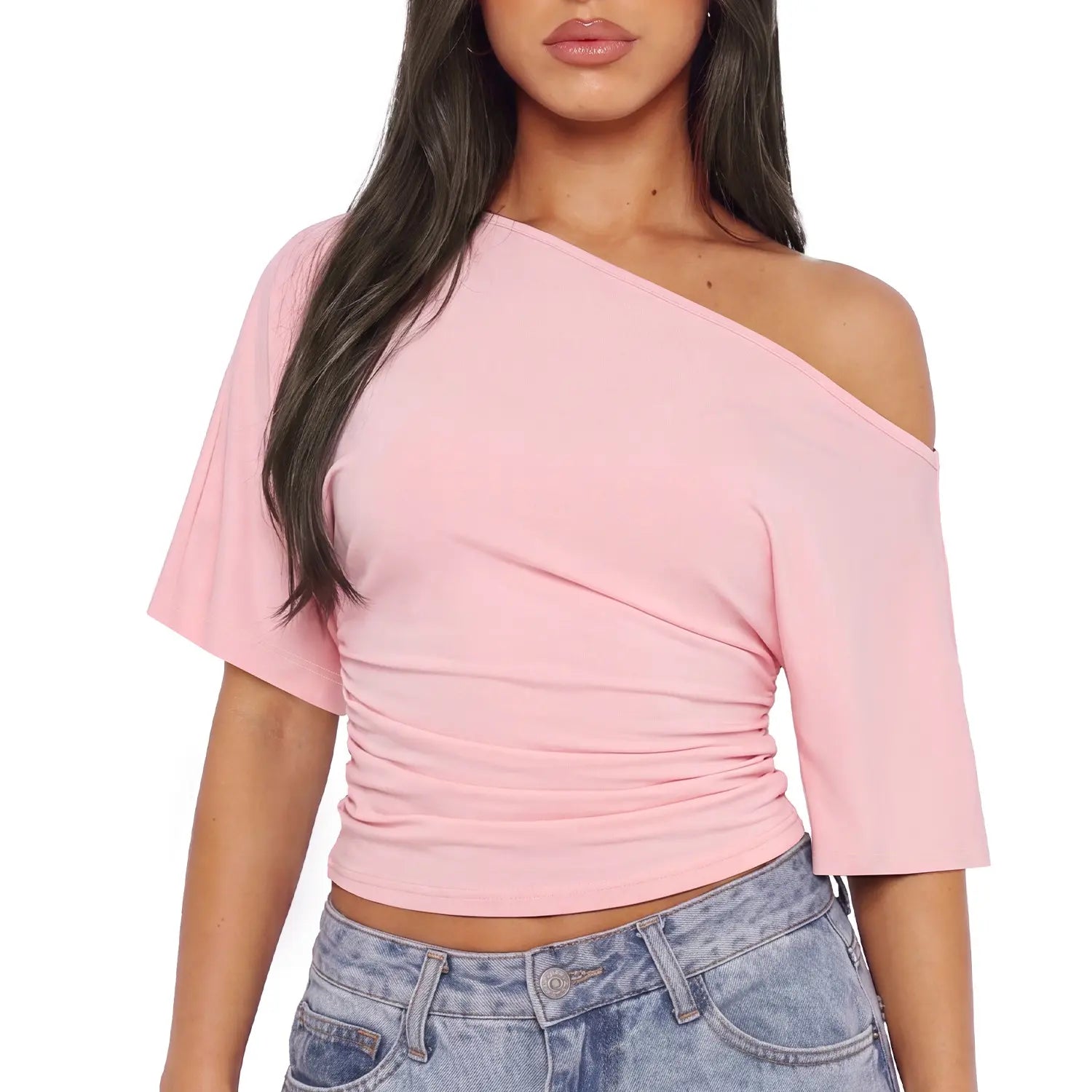 WIETRY Women'S off the Shoulder Top Oversized Relaxed 2026 Summer High Stretch Yoga Material Tee Buttery Soft Ruched One Shoulder Blouse