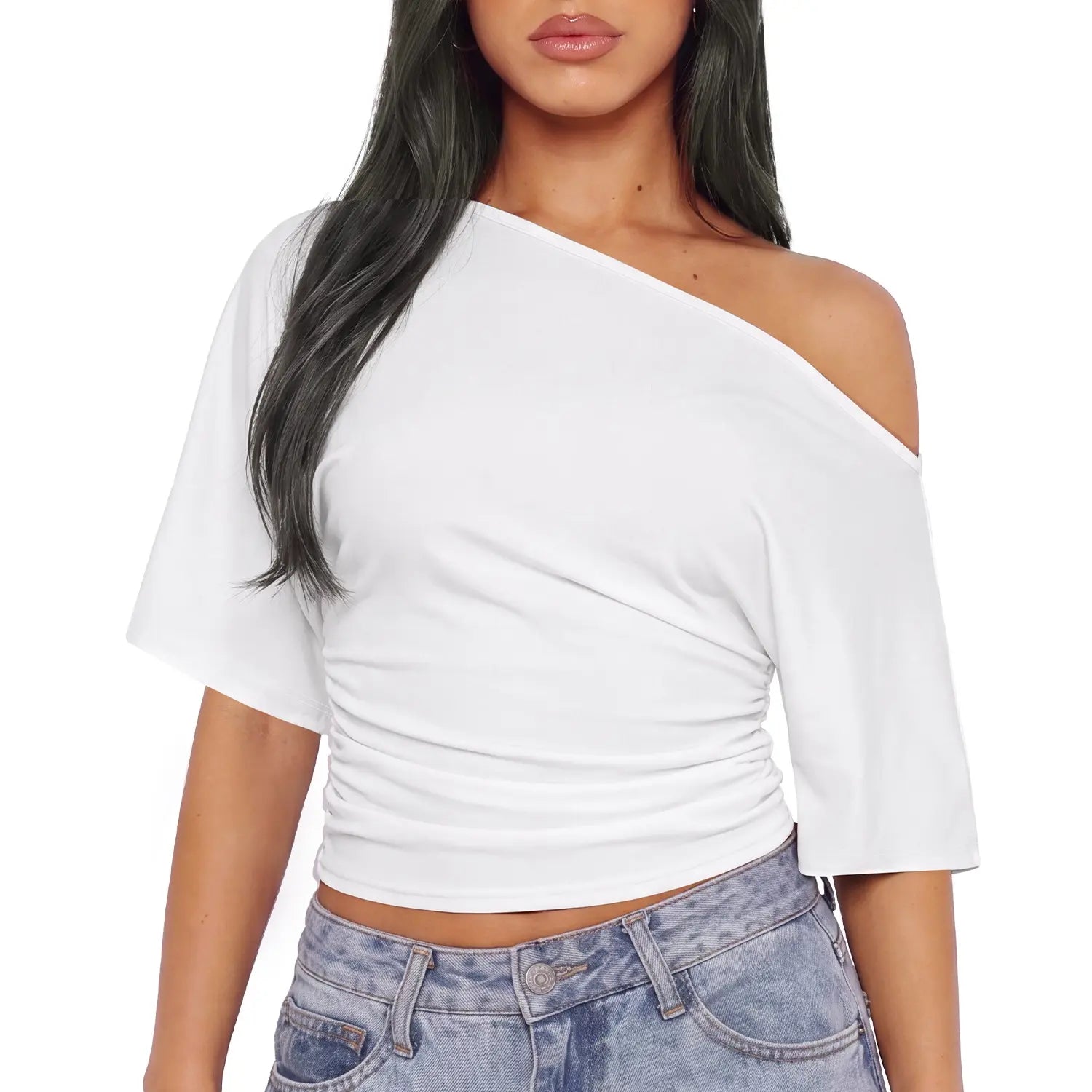 WIETRY Women'S off the Shoulder Top Oversized Relaxed 2026 Summer High Stretch Yoga Material Tee Buttery Soft Ruched One Shoulder Blouse