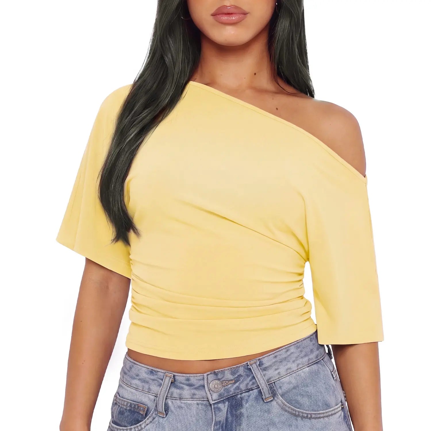 WIETRY Women'S off the Shoulder Top Oversized Relaxed 2026 Summer High Stretch Yoga Material Tee Buttery Soft Ruched One Shoulder Blouse