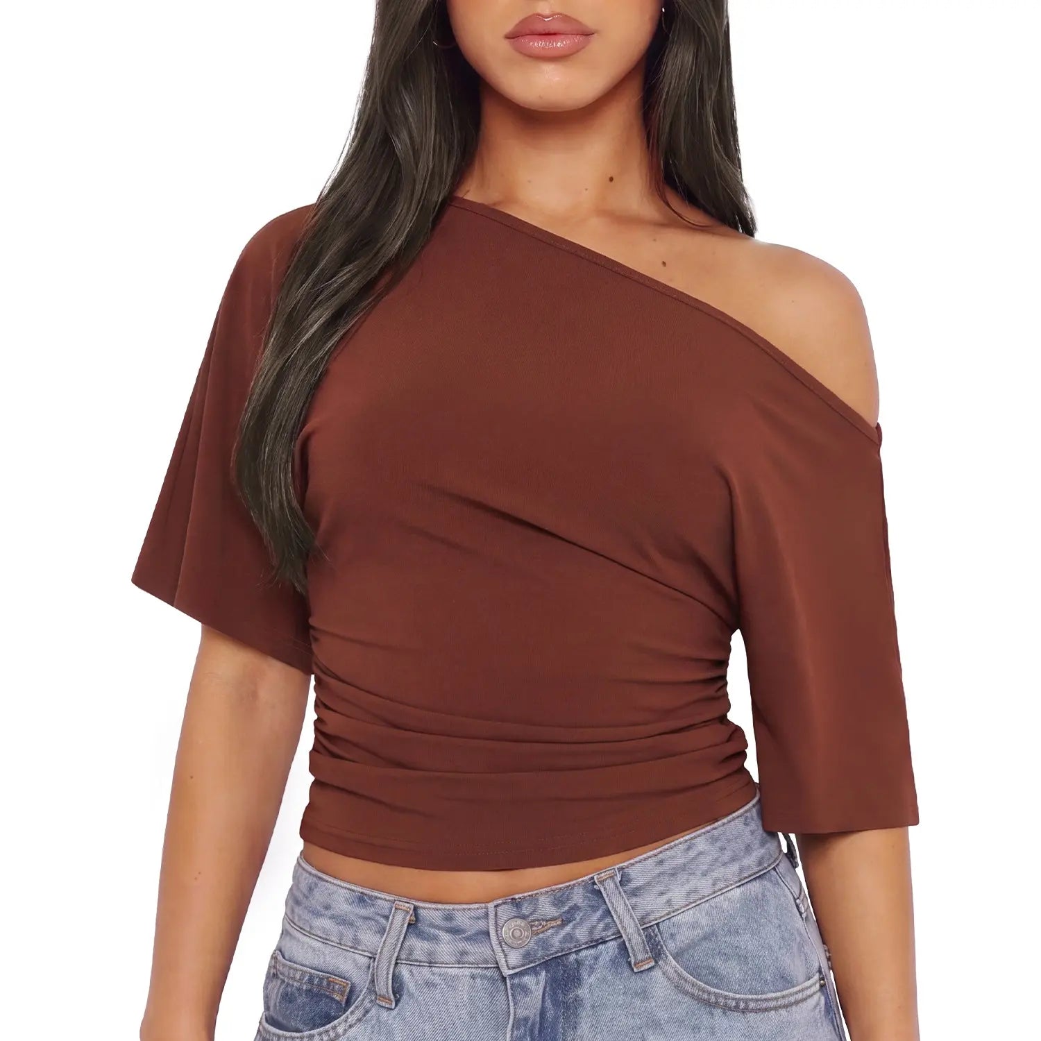 WIETRY Women'S off the Shoulder Top Oversized Relaxed 2026 Summer High Stretch Yoga Material Tee Buttery Soft Ruched One Shoulder Blouse