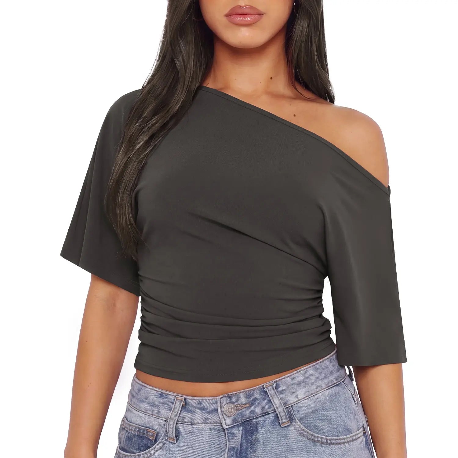 WIETRY Women'S off the Shoulder Top Oversized Relaxed 2026 Summer High Stretch Yoga Material Tee Buttery Soft Ruched One Shoulder Blouse