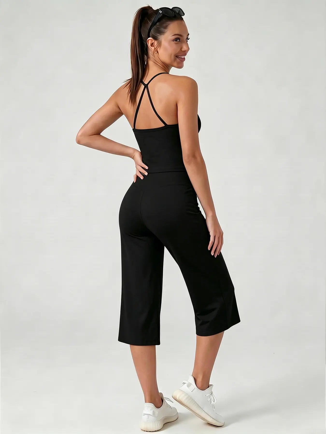 Women'S Sporty Fitted Tank Top & High-Waist Wide-Leg Pants Set, Sportswear Set, Breathable Yoga Wear, Casual Home, All-Season Comfort