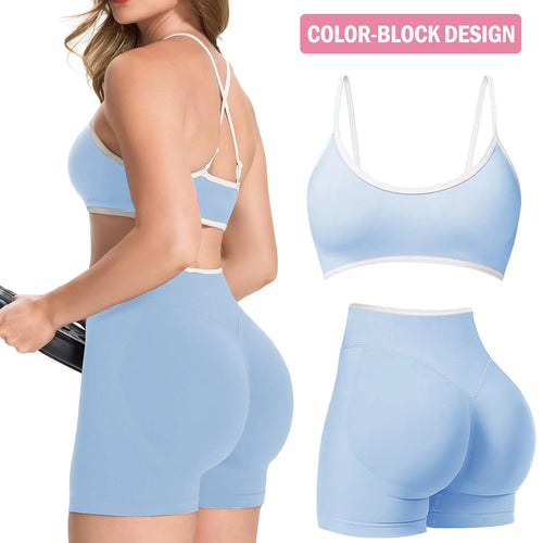 Jetjoy 2 Pieces Workout Sets for Women, Womens 2 Piece Workout Sets Seamless Color Block Sports Bra Scrunch Butt Lifting High Waist Shorts Gym Set Tracksuit