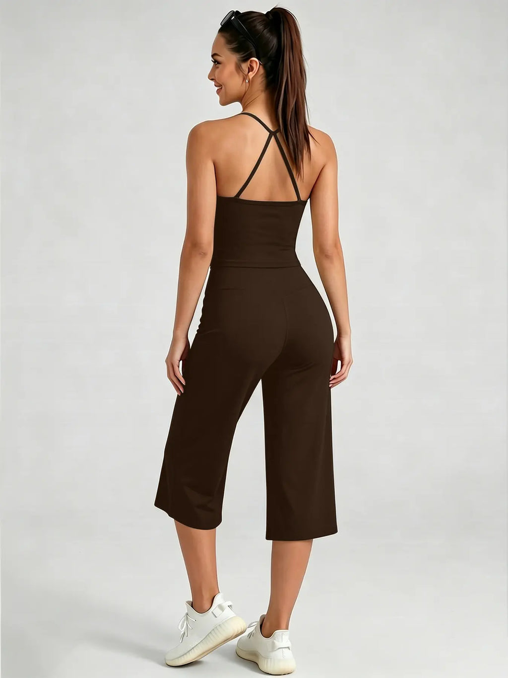 Women'S Sporty Fitted Tank Top & High-Waist Wide-Leg Pants Set, Sportswear Set, Breathable Yoga Wear, Casual Home, All-Season Comfort