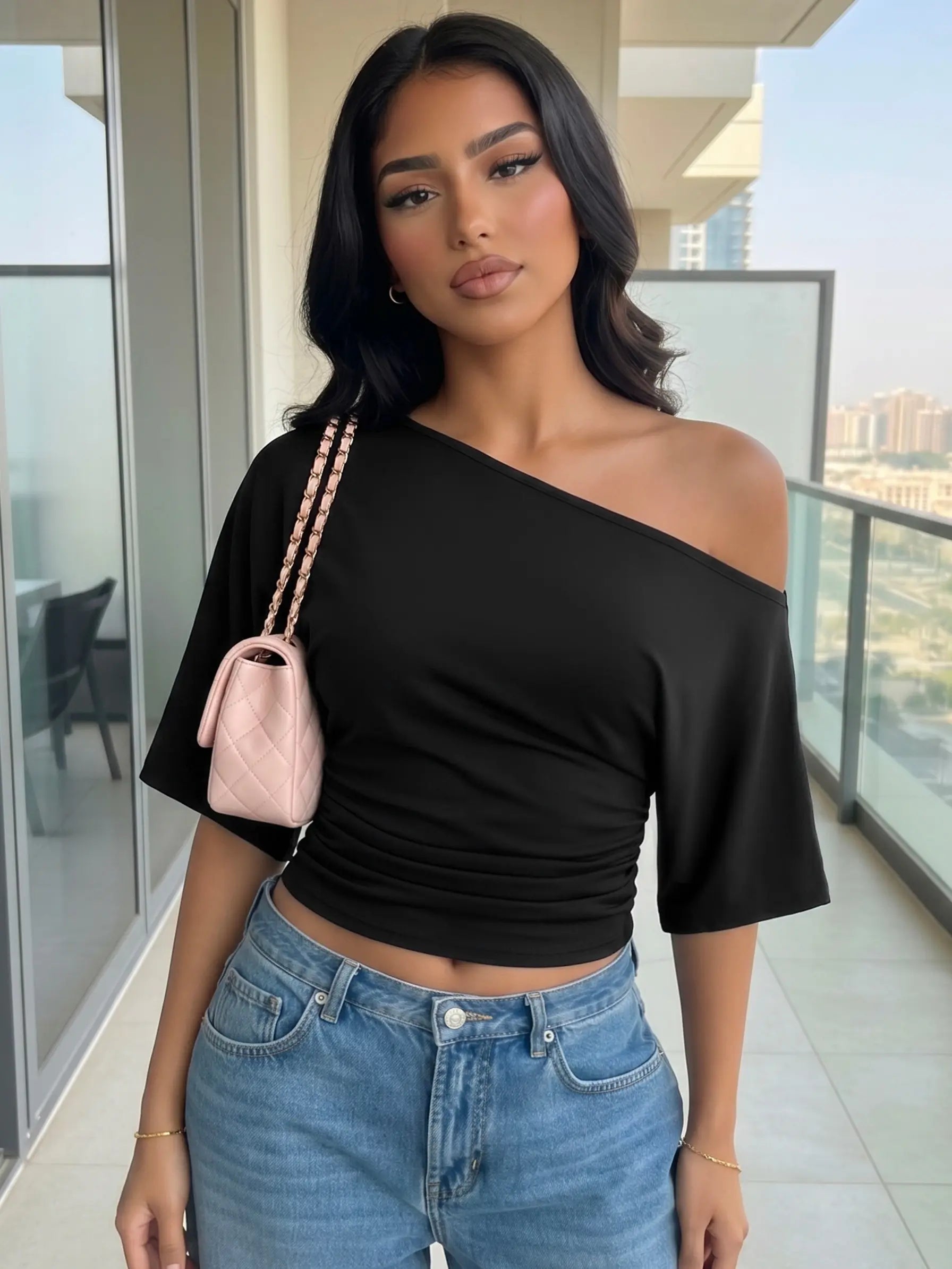 WIETRY Women'S off the Shoulder Top Oversized Relaxed 2026 Summer High Stretch Yoga Material Tee Buttery Soft Ruched One Shoulder Blouse