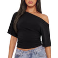 WIETRY Women'S off the Shoulder Top Oversized Relaxed 2026 Summer High Stretch Yoga Material Tee Buttery Soft Ruched One Shoulder Blouse