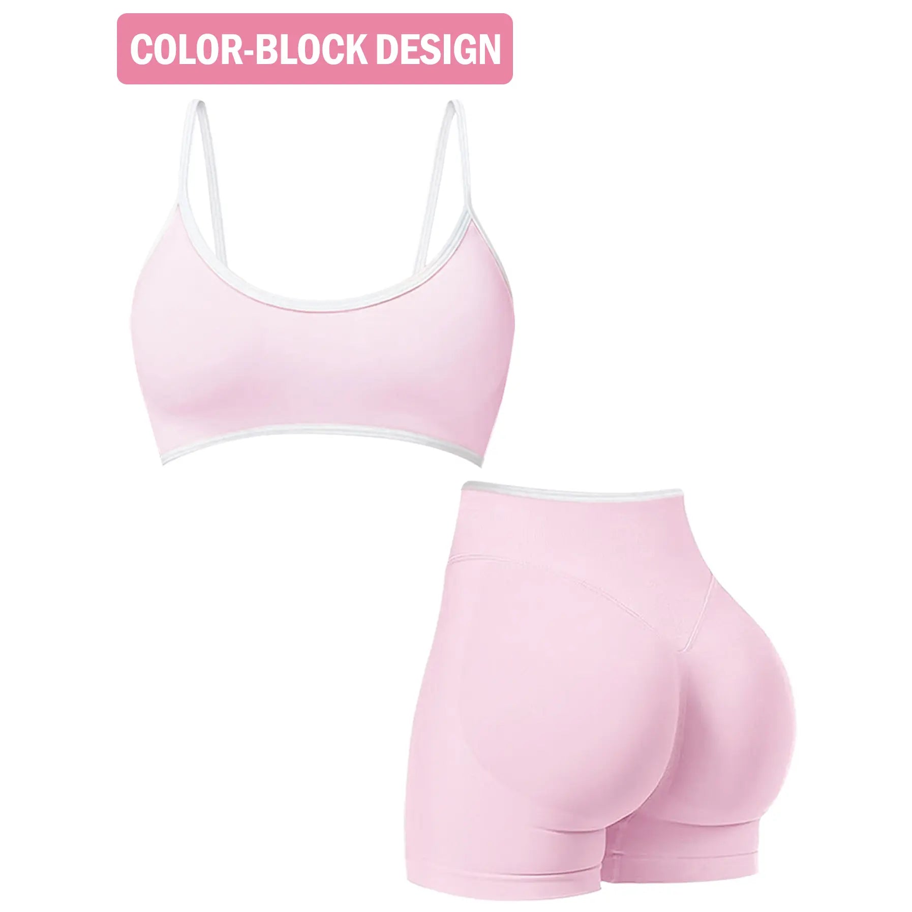 Jetjoy 2 Pieces Workout Sets for Women, Womens 2 Piece Workout Sets Seamless Color Block Sports Bra Scrunch Butt Lifting High Waist Shorts Gym Set Tracksuit