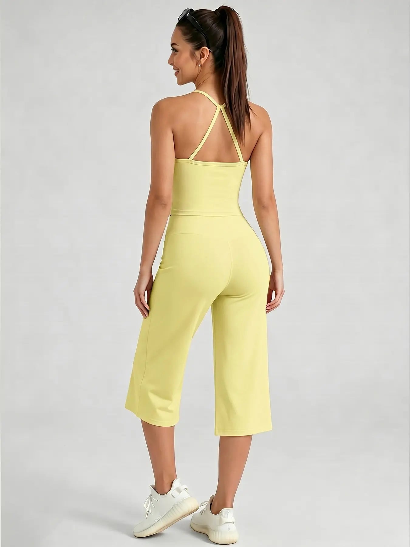 Women'S Sporty Fitted Tank Top & High-Waist Wide-Leg Pants Set, Sportswear Set, Breathable Yoga Wear, Casual Home, All-Season Comfort