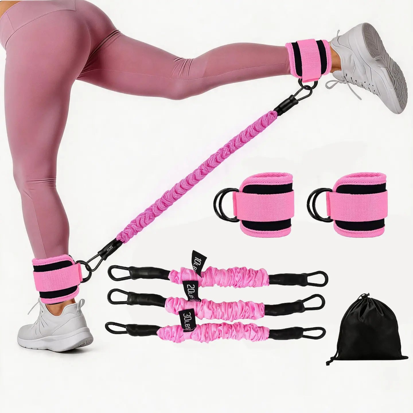 Ankle Resistance Band Set with Adjustable Cuffs - 3-Level (10Lbs,20Lbs,30Lbs) Workout Accessories, at Home Gym Equipment for Glute Training