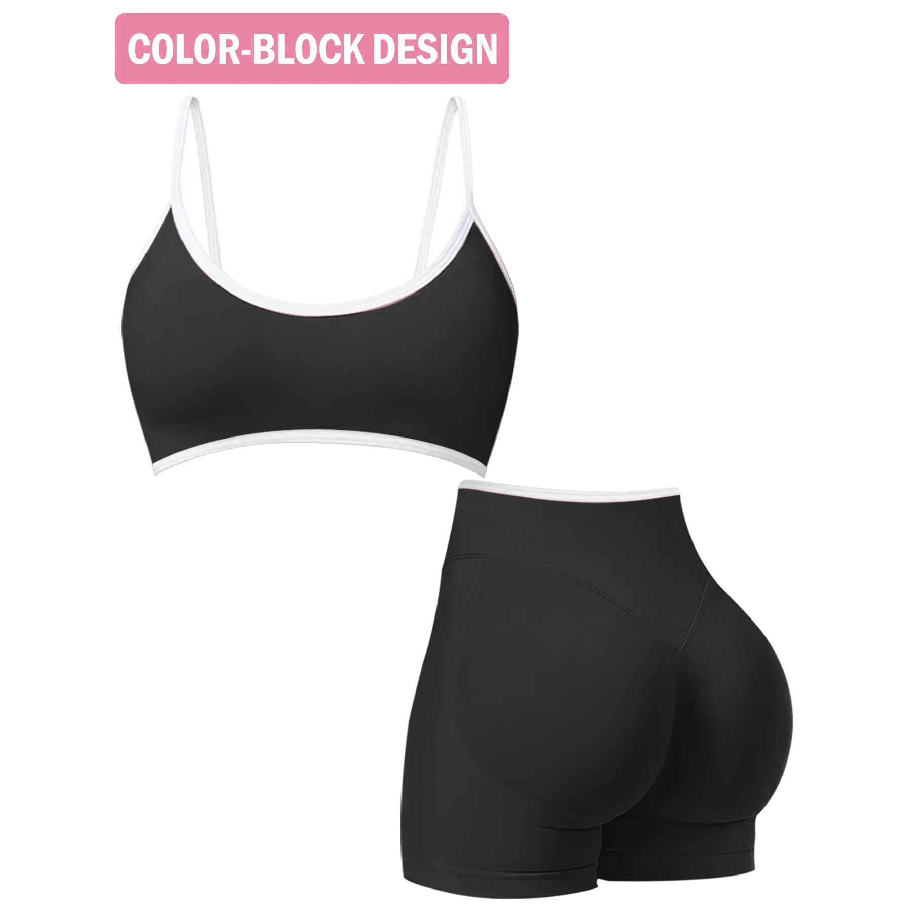Jetjoy 2 Pieces Workout Sets for Women, Womens 2 Piece Workout Sets Seamless Color Block Sports Bra Scrunch Butt Lifting High Waist Shorts Gym Set Tracksuit