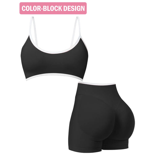 Jetjoy 2 Pieces Workout Sets for Women, Womens 2 Piece Workout Sets Seamless Color Block Sports Bra Scrunch Butt Lifting High Waist Shorts Gym Set Tracksuit