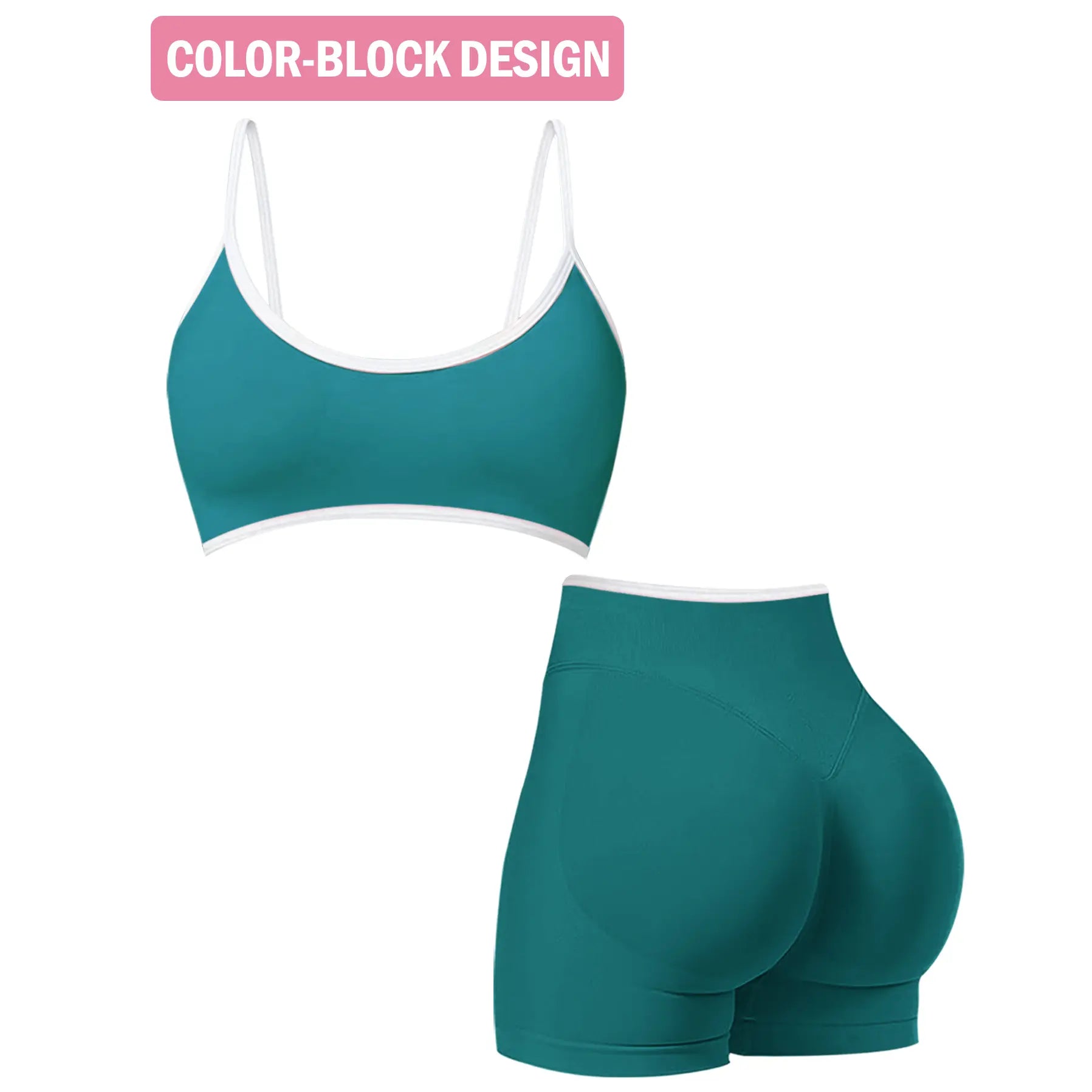 Jetjoy 2 Pieces Workout Sets for Women, Womens 2 Piece Workout Sets Seamless Color Block Sports Bra Scrunch Butt Lifting High Waist Shorts Gym Set Tracksuit
